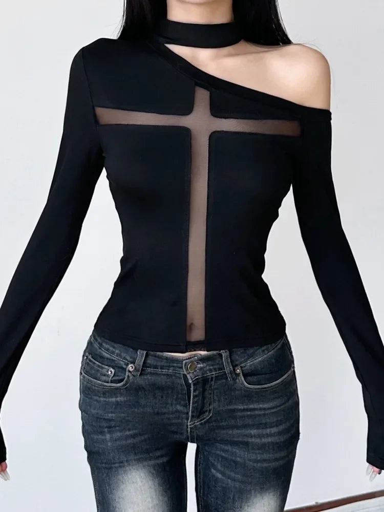 Intersecting Net Patchwork Knit Top