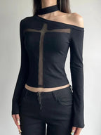 Intersecting Net Patchwork Knit Top