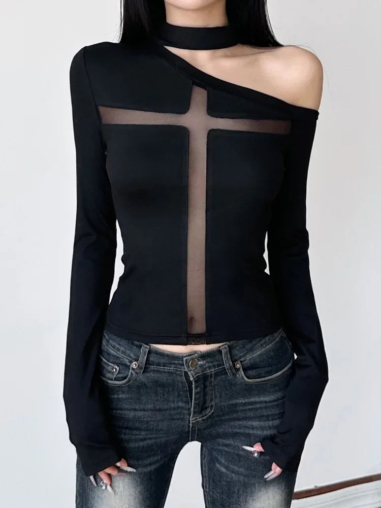 Intersecting Net Patchwork Knit Top