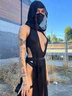 Attractive Rebel Net Hollow Hooded Full-Length Dress