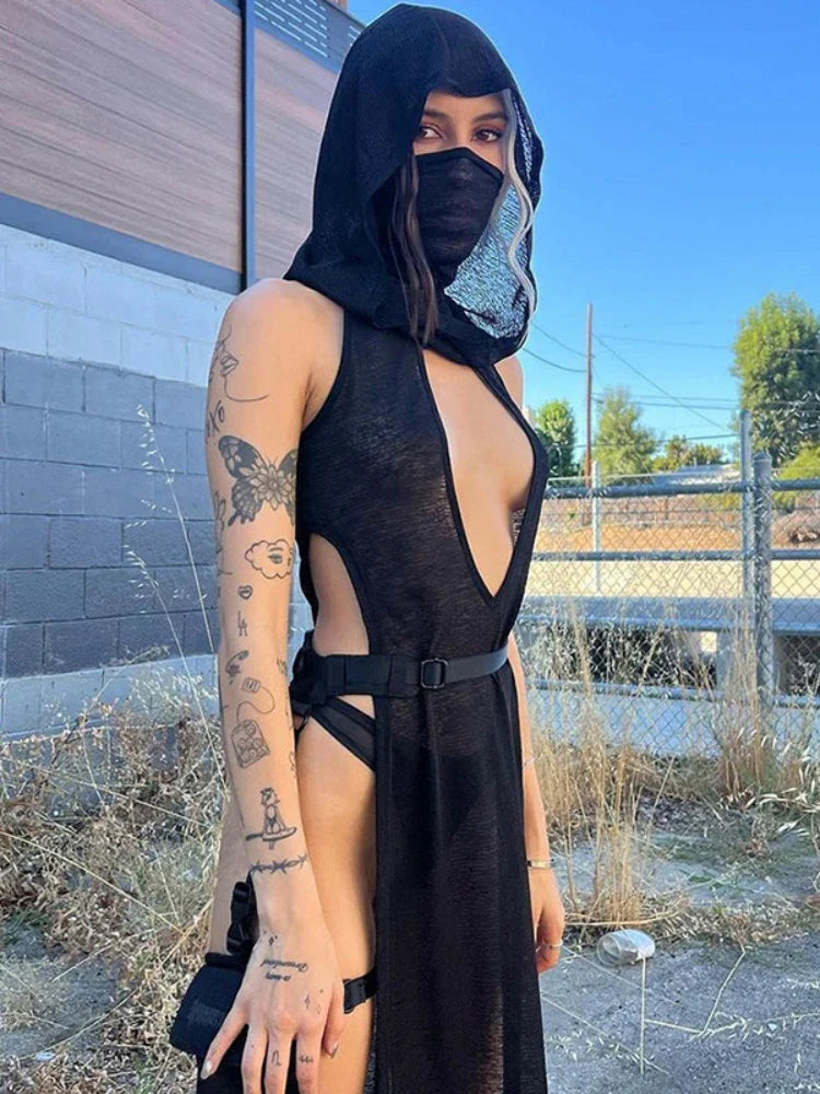 Attractive Rebel Net Hollow Hooded Full-Length Dress