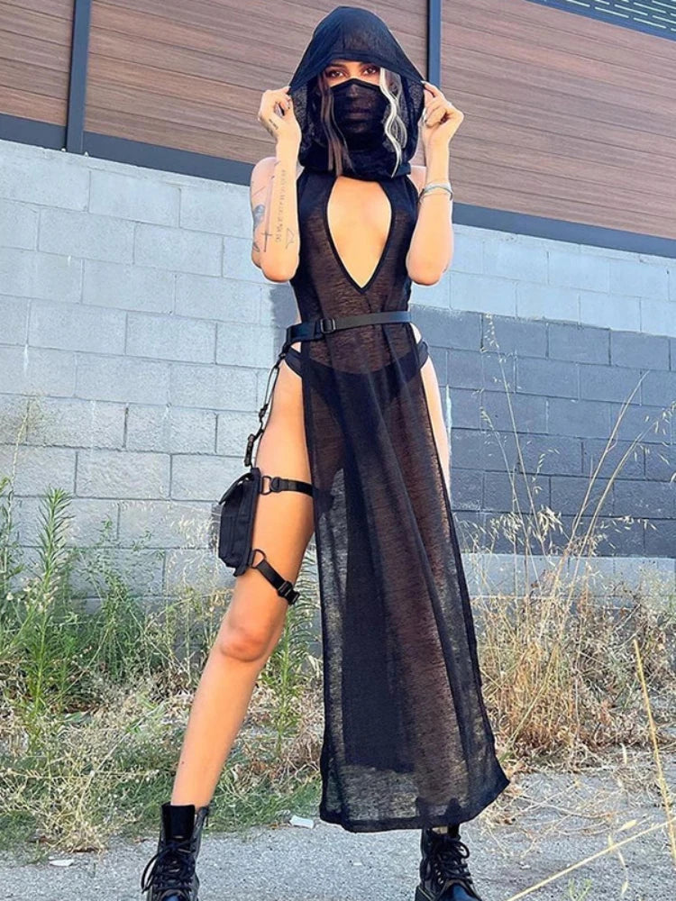 Attractive Rebel Net Hollow Hooded Full-Length Dress Black / S