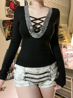 Sequin V-neck Knit Top