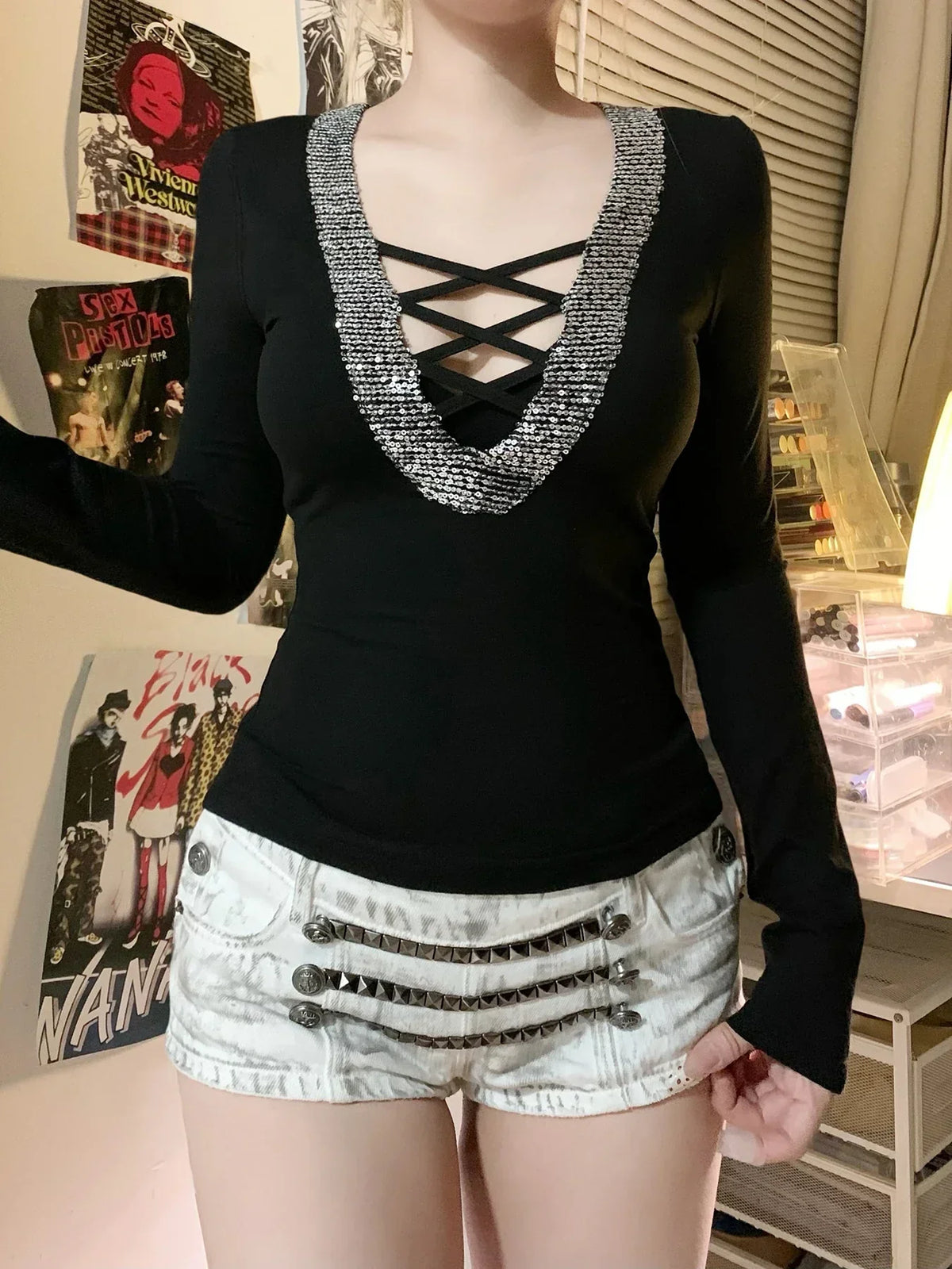 Sequin V-neck Knit Top