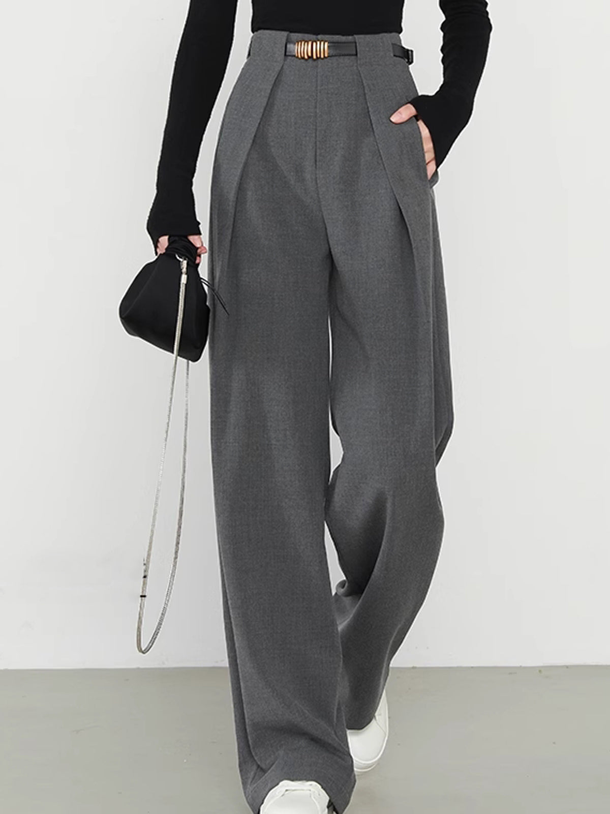 Middle Waist Solid Trendy Pocket Straight Leg Pants Pants