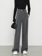 Middle Waist Solid Trendy Pocket Straight Leg Pants Grey / XS Pants