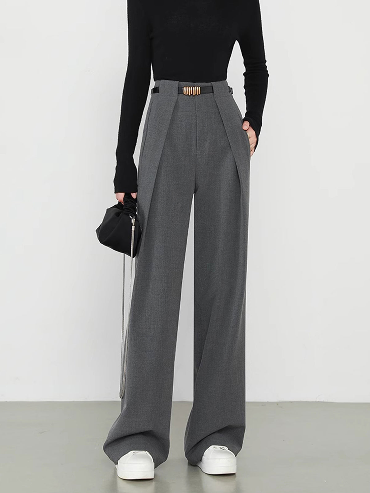Middle Waist Solid Trendy Pocket Straight Leg Pants Grey / XS Pants