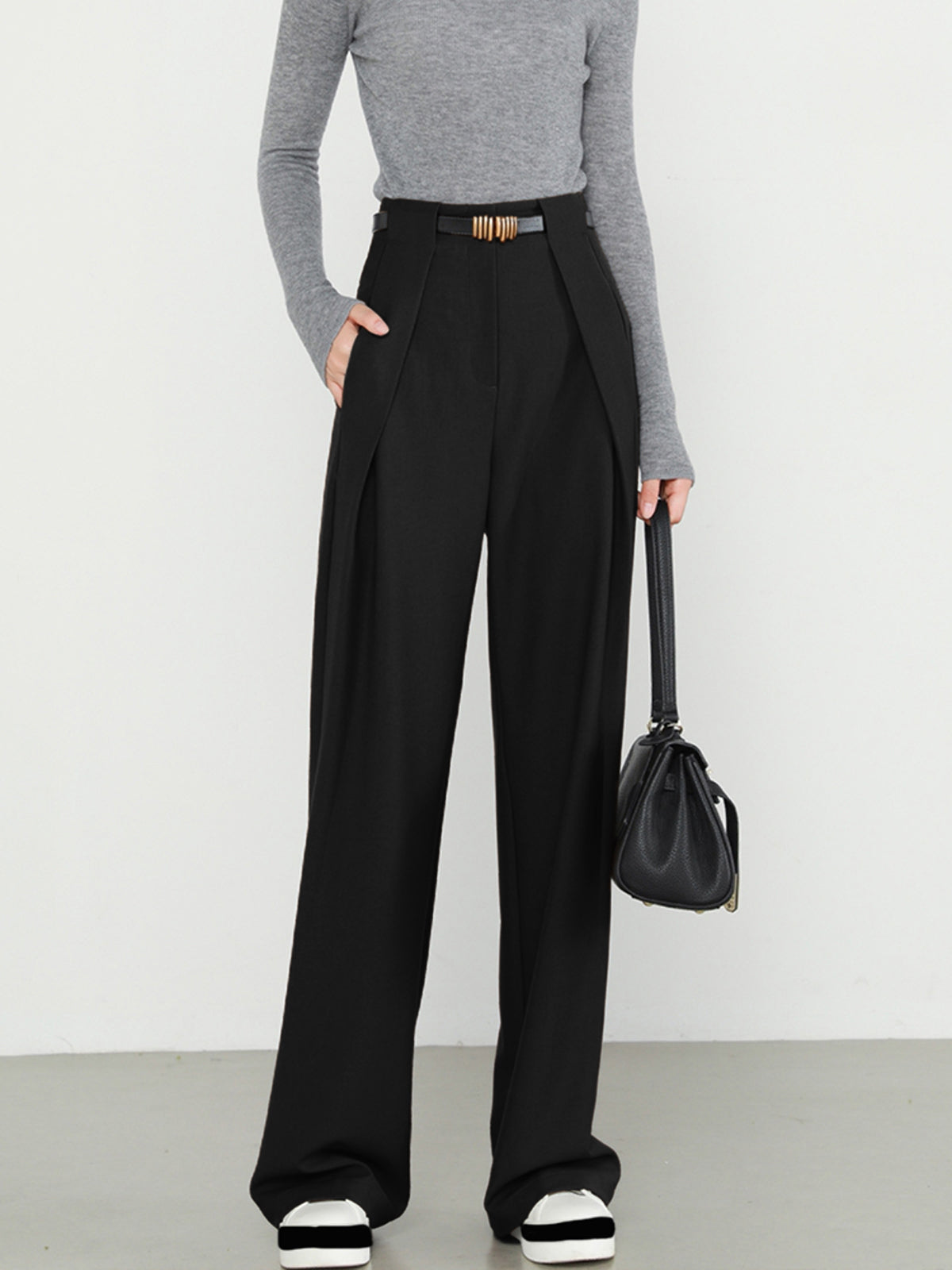 Middle Waist Solid Trendy Pocket Straight Leg Pants Black / XS Pants