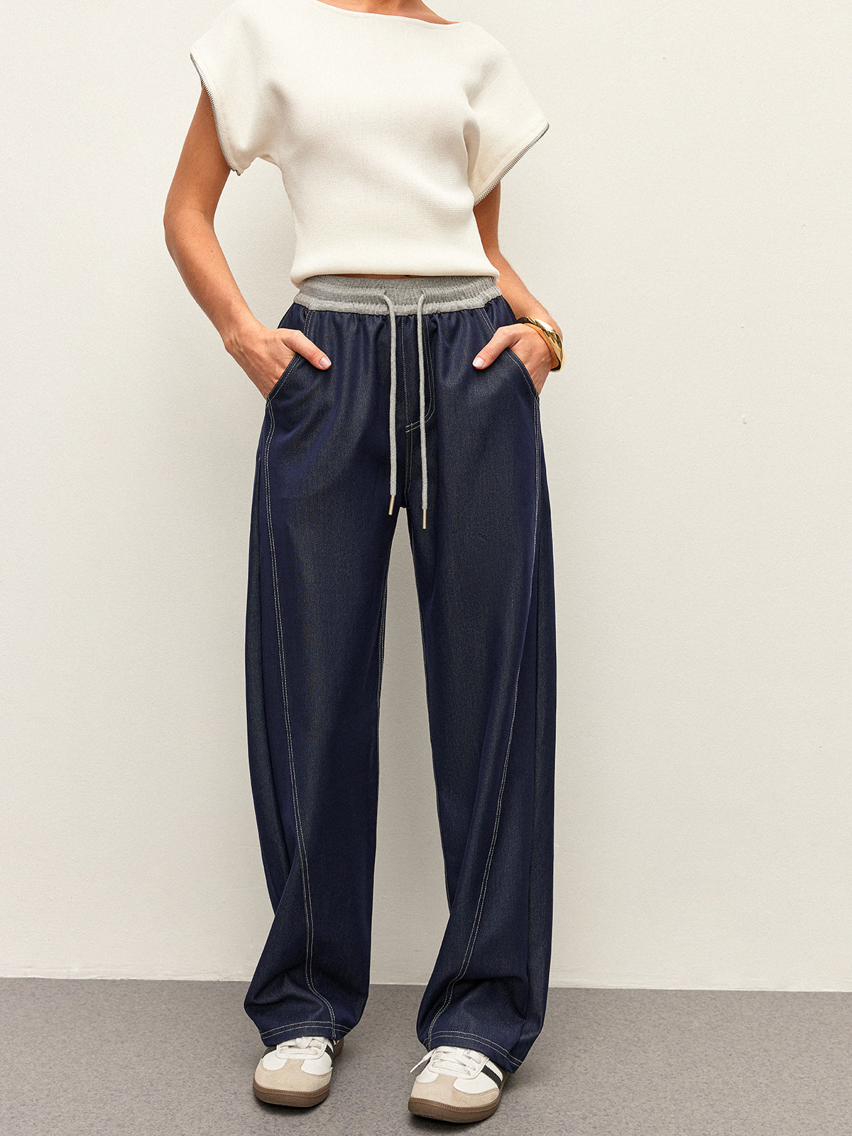 High Waist Drawstring Denim Pants With Pockets Pants