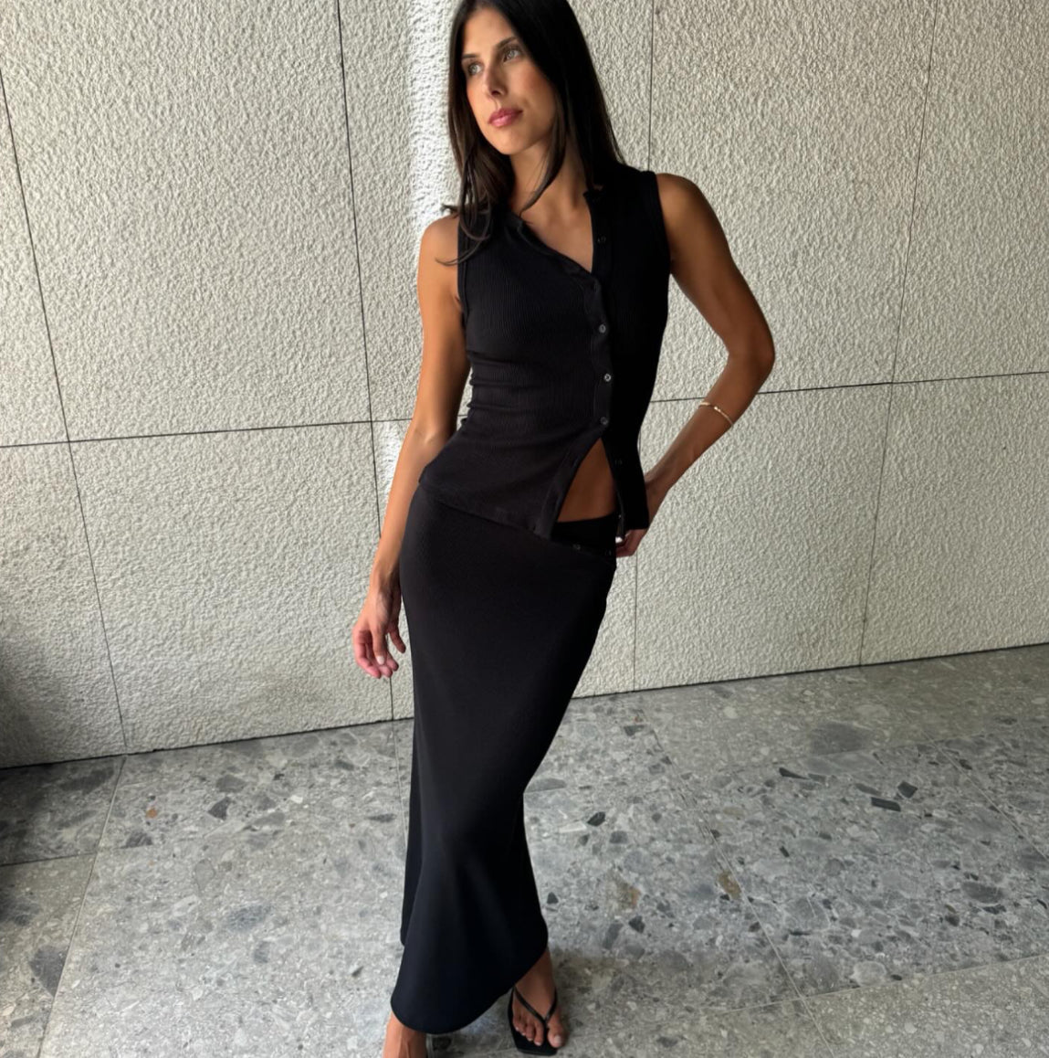 Ribbed Longline Co-Ord Set with Button Details