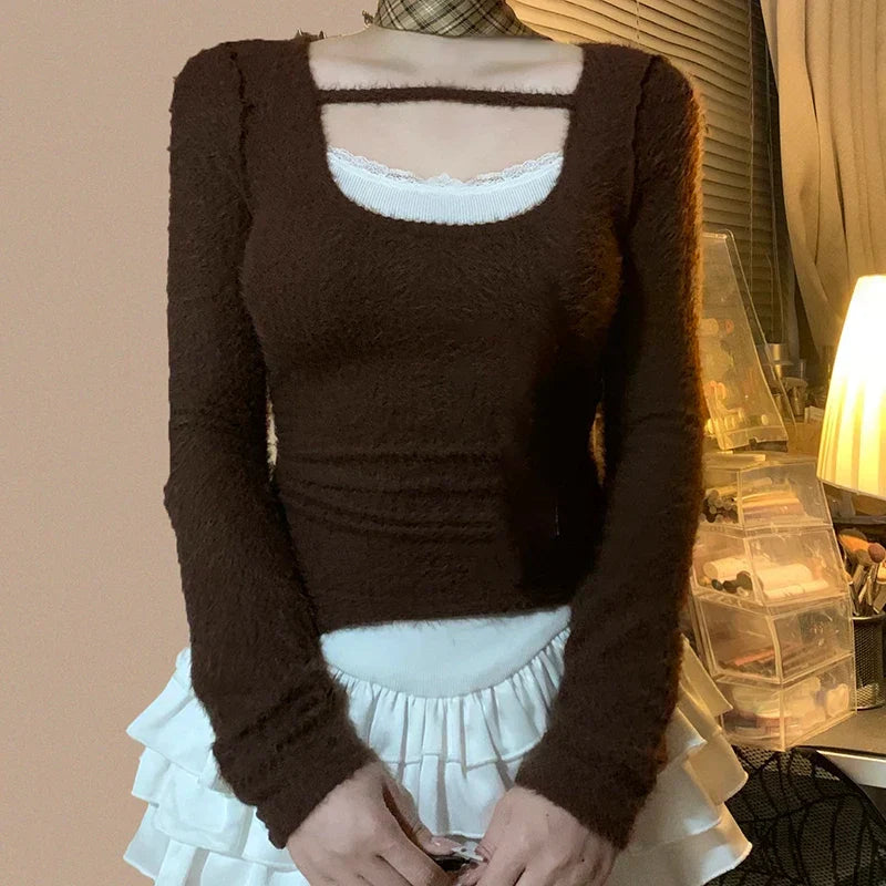 Furry Elastic Knit Top Brown / S