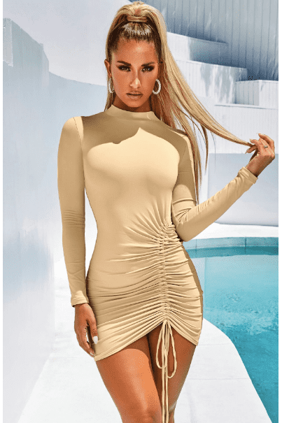 Apricot Fitted Long-Sleeve Dress with a Round Neck Main image