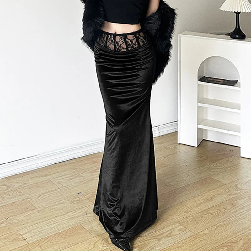 Soft Trumpet Lace Patchwork Skirt Black / S