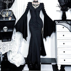 Empty Out Batwing Sleeve Full-Length Dress Black / S