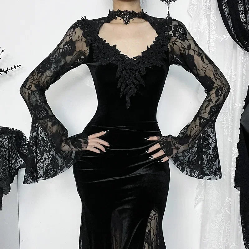 Dark Lace Trumpet Slim Midi Dress