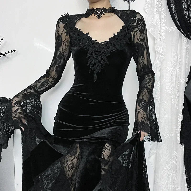 Dark Lace Trumpet Slim Midi Dress