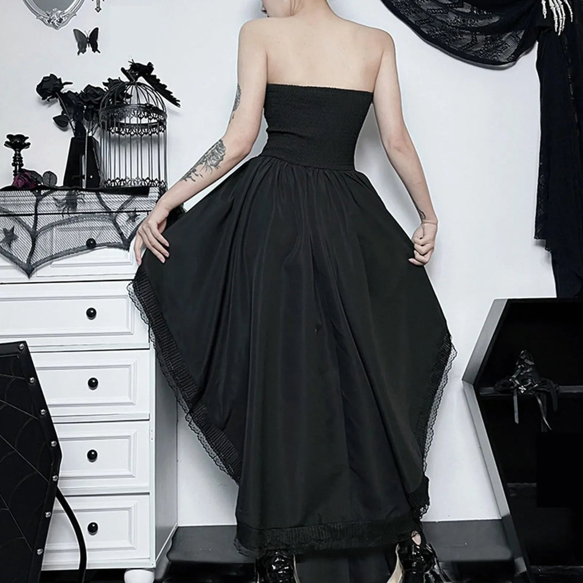 Sleeveless Lace Tuxedo High Low Midi Dress