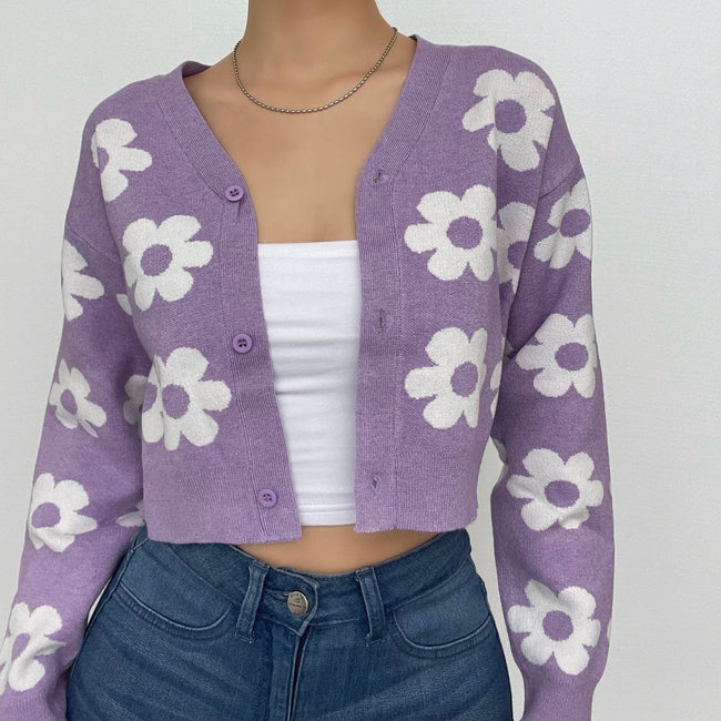 Floral Knit Button-Detail Cardigan with a V-Neck Main image