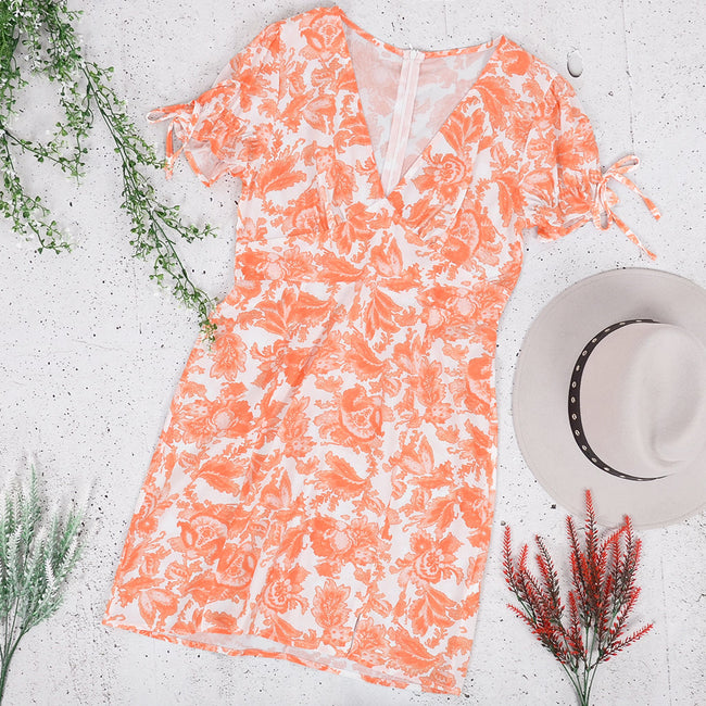 Floral Puff-Sleeve Dress with Ribbon Details Main image