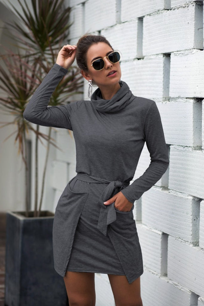 Cowl-Neck Long-Sleeve Dress with a Waist Tie Main image