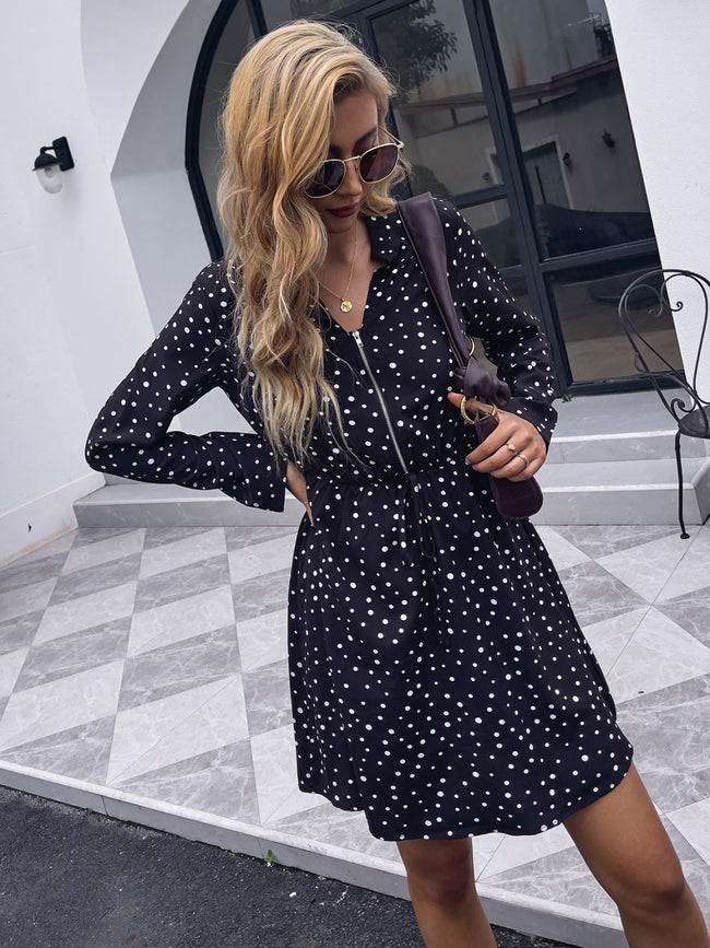 Polka-Dot Zip-Front Dress with a V-Neck Main image