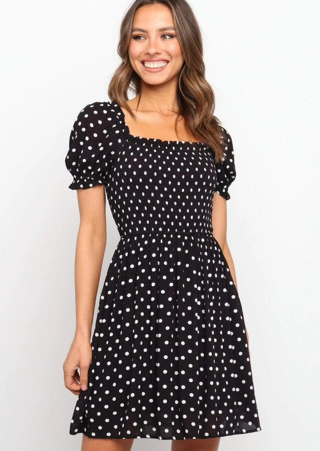 Polka-Dot Puff-Sleeve Dress with a Square Neck Main image