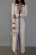 Ribbed Lapel-Collar Contrast-Detail Dress with a Single-Breasted Front