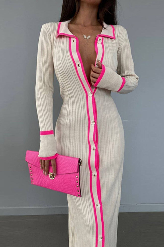 Ribbed Lapel-Collar Contrast-Detail Dress with a Single-Breasted Front Main image