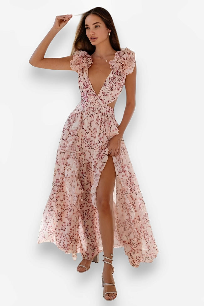 Floral Plunging-V Midi Dress with Ruffle Details Main image