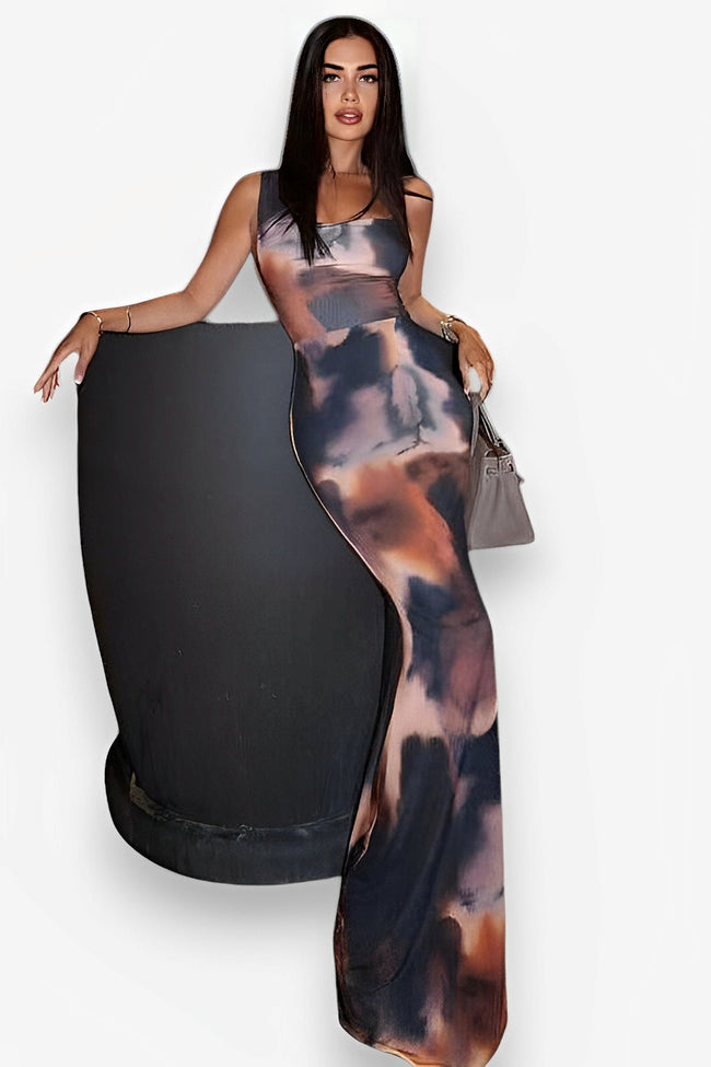 Abstract-Print Maxi Dress with a One-Shoulder Cut Main image