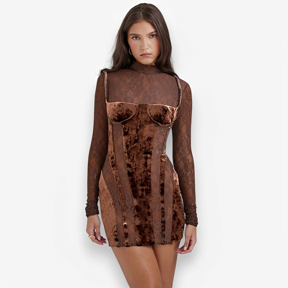 High-Neck Fitted Long-Sleeve Dress with Lace Details
