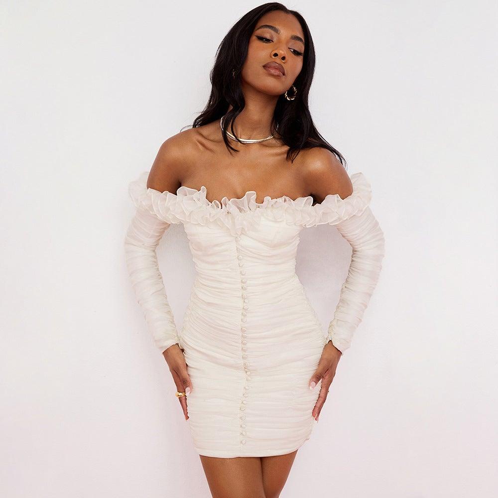 Chiffon Strapless Long-Sleeve Dress with a One-Shoulder Cut