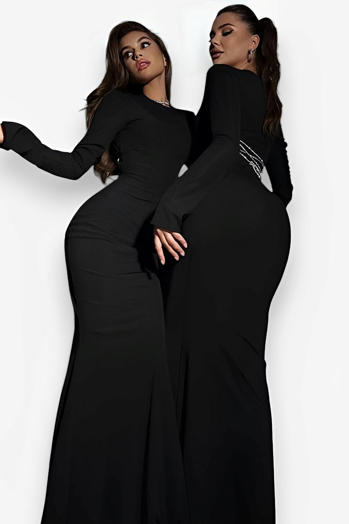 Long-Sleeve Long Dress with a Round Neck