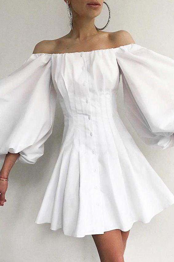 Puff-Sleeve Dress with a One-Shoulder Cut Main image