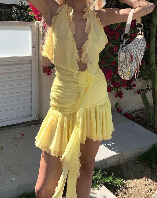 Halterneck Ruffled Short-Sleeve Dress Main image