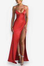 Strappy Slit-Detail Midi Dress with a Plunging V-Neck