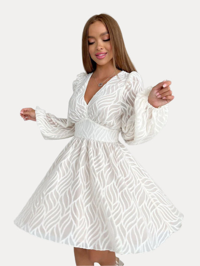 White Jacquard Balloon-Sleeve Dress Main image