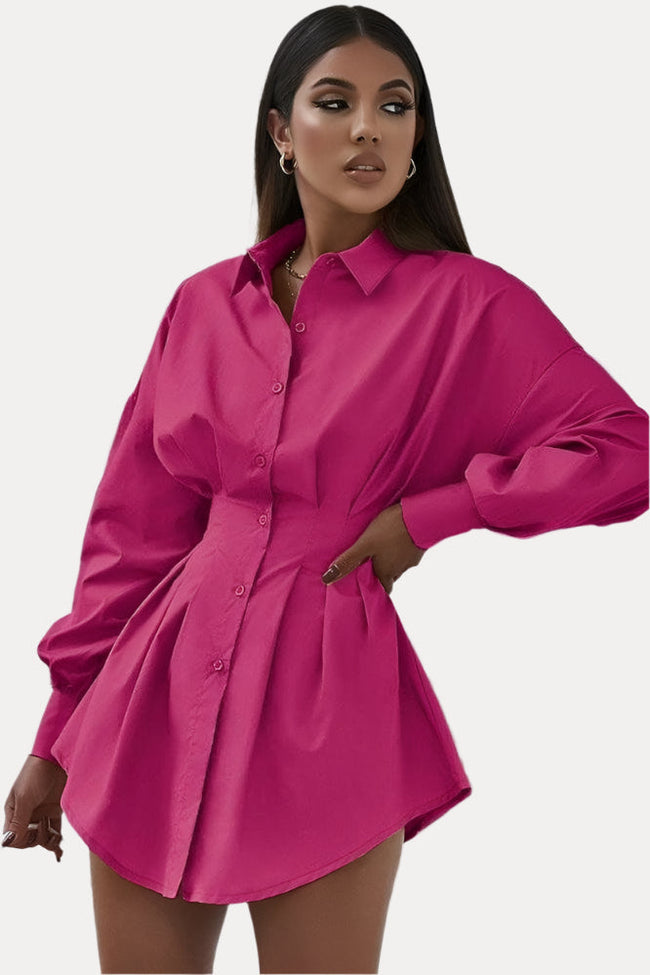 Red Pleated Shirt Dress with Drawstring Detail Main image