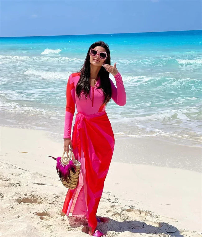 Pink Patchwork Zipper One Piece Swimsuit onepiece-250223 Main image