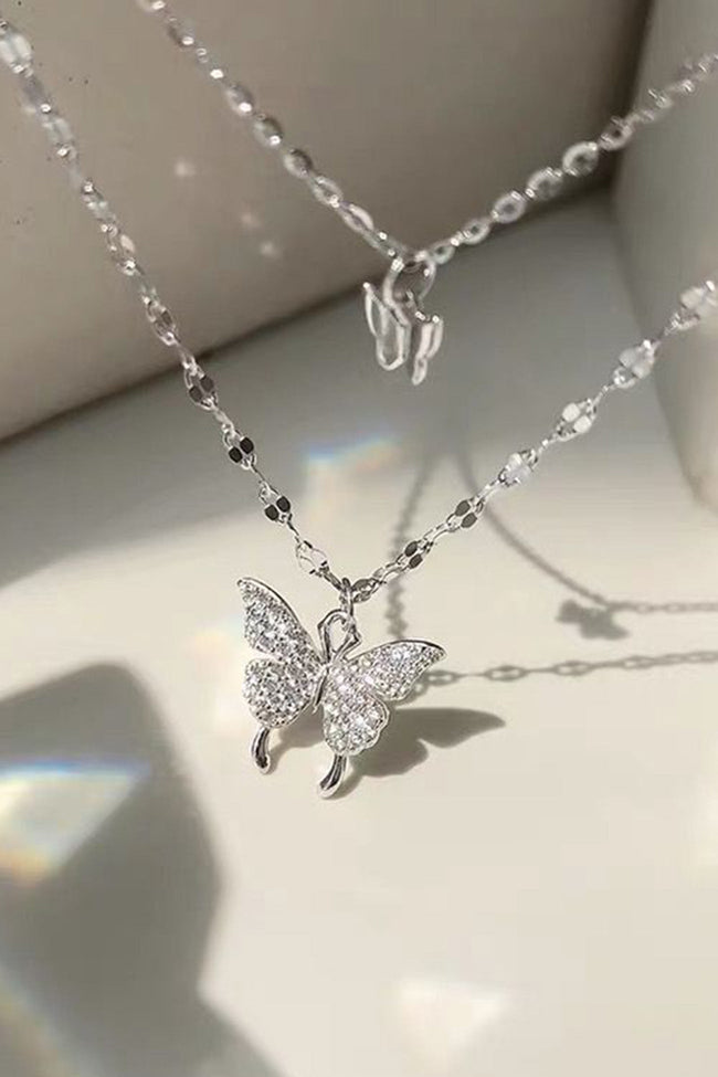 Silver Double-Layer Necklace with Butterfly Details Main image