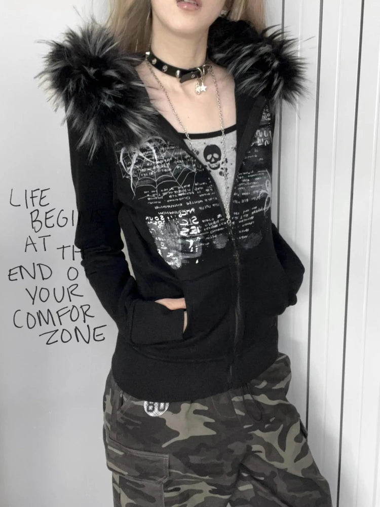Dark Furry Patchwork Hooded Sweatshirt Black / S