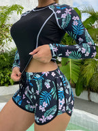 Tropical Print Rashguard Two Piece Set Black Floral / S