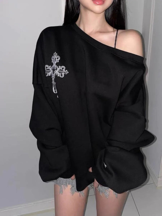 Dark Off Shoulder Pullover Hoodie Black / M Main image