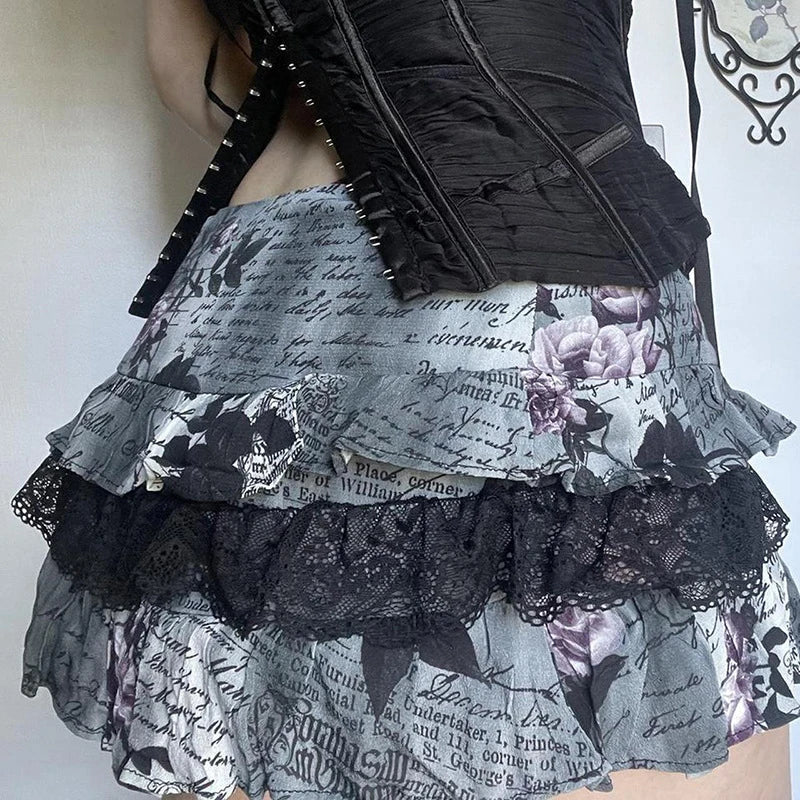 Letter Floral Print Ruffle Skirt