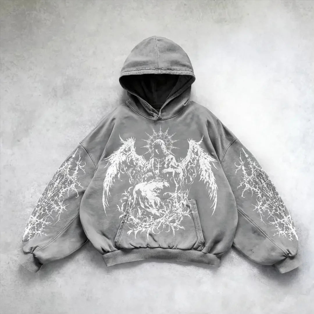 Harajuku Mysterious Printed Hoodie gray / M