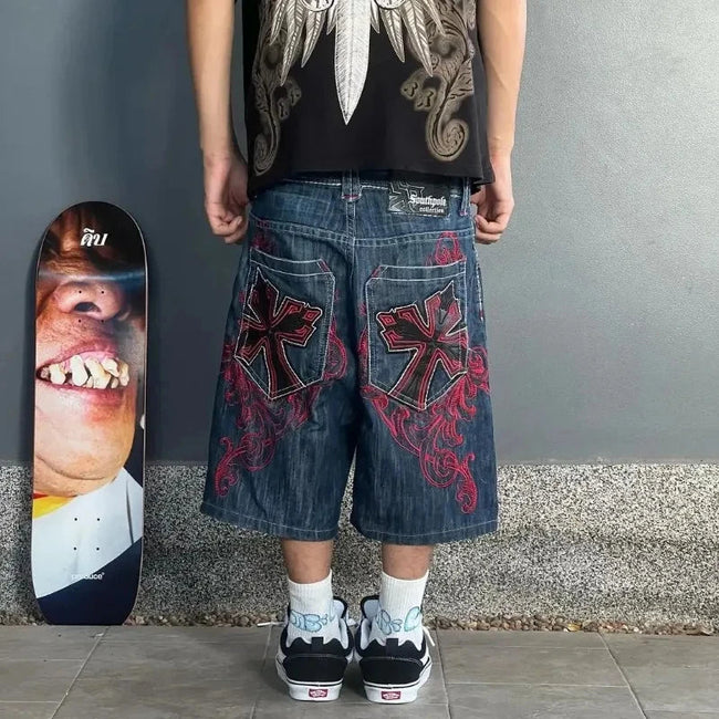 Leather Patch Embroidery Denim Short blue / S Main image