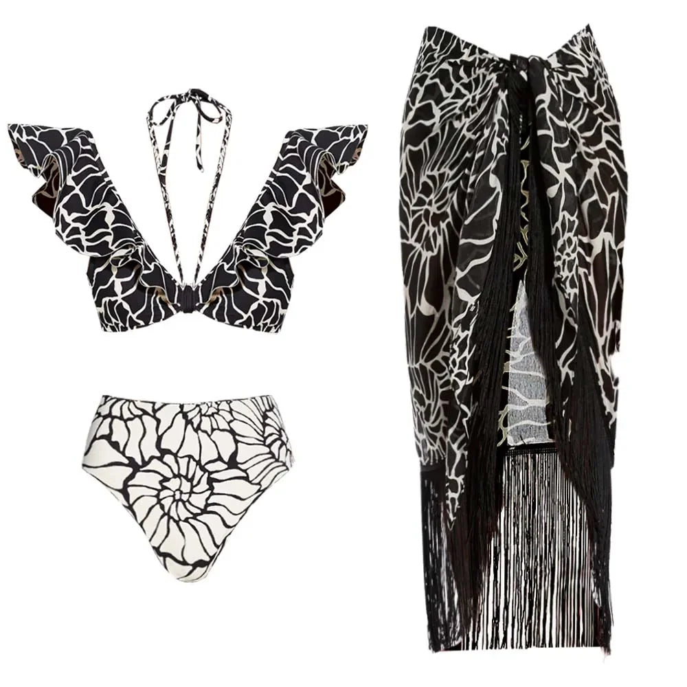 Conch Thread Print Sarong Two Piece Set black Swimsuit and skirt / S