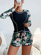 Tropical Print Rashguard Two Piece Set Black white Flower / S