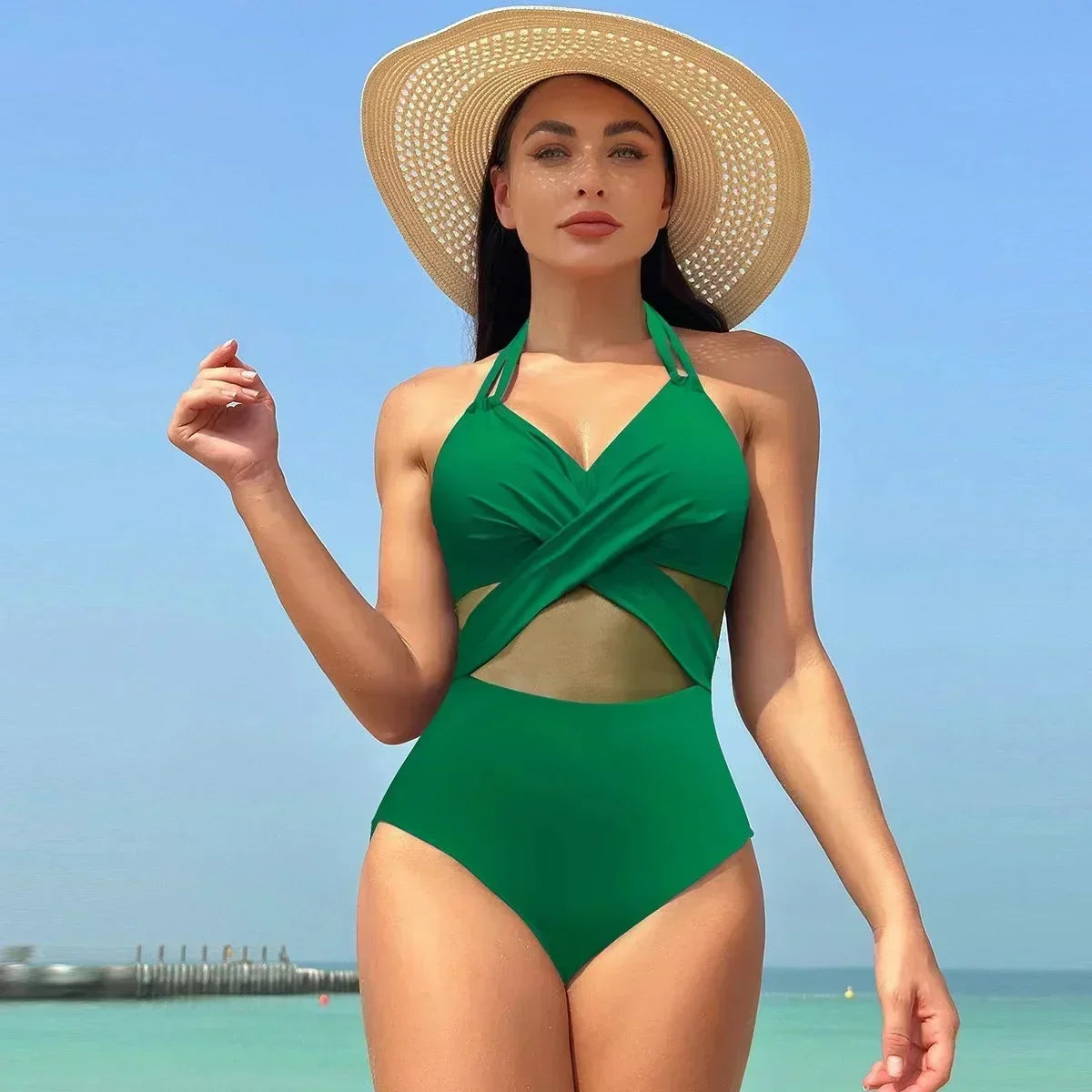 Solid Mesh V-neck One Piece Set Green / S