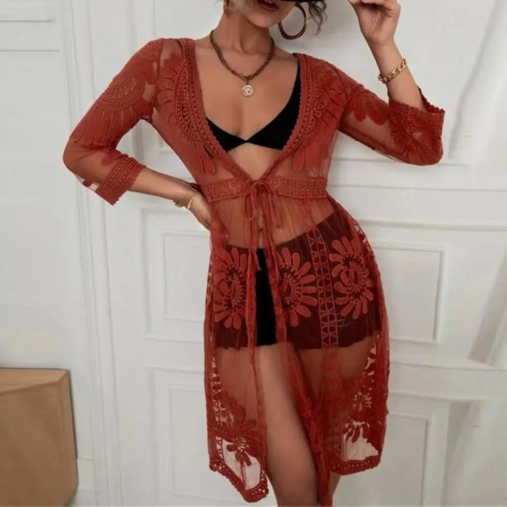 Sleeve Lace-up Embroidery Bikini Cover Up Red / One Size